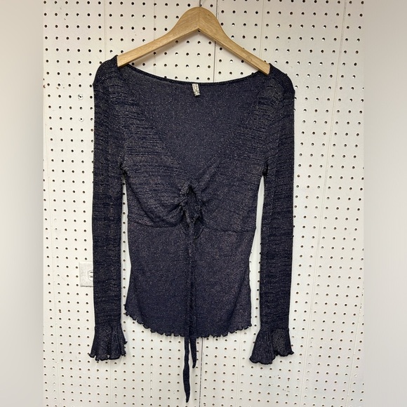 Free People Say When Navy Metallic Long Sleeve Top - Picture 2 of 5